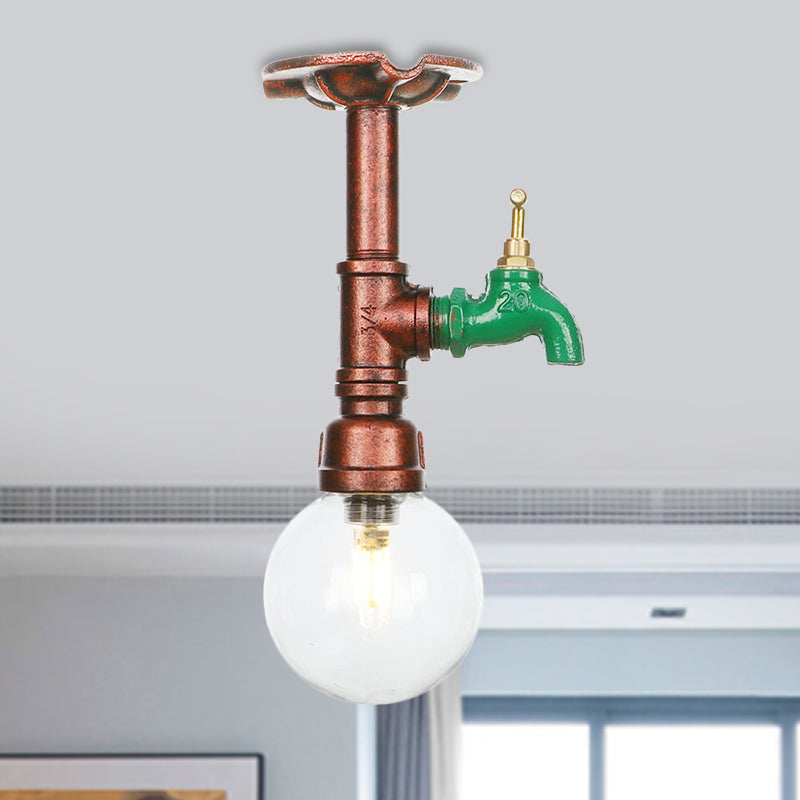 1 Bulb Semi Flush Ceiling Light Industrial Globe Clear Glass LED Flush Mount Lamp in Copper