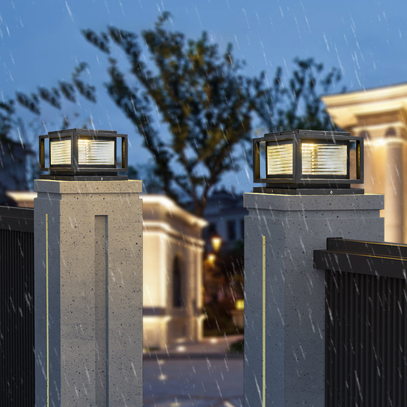 Metal Square Shape Outdoor Light Modern Style 1-Light Solar Pillar Lights in Black