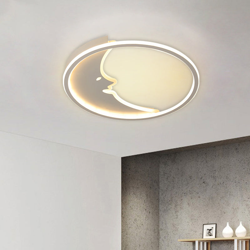LED Bedroom Flush Mount Light Fixture Cartoon White Ceiling Lamp with Moon Acrylic Shade in Warm/White Light