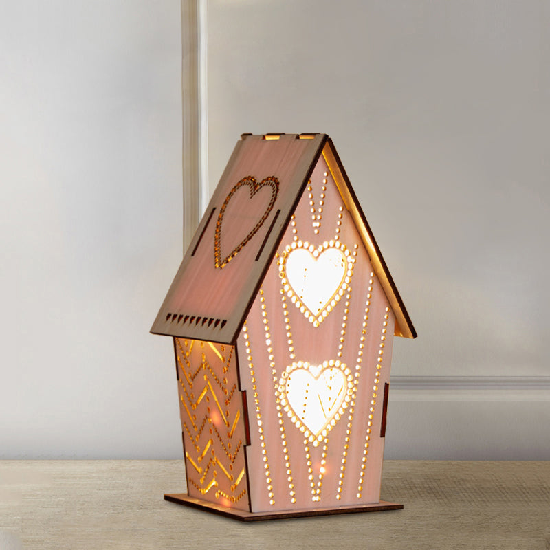 Brown Lodge Small Night Light Kids Wooden USB LED Table Lighting with Cutouts Loving Heart/Star/Flower Pattern