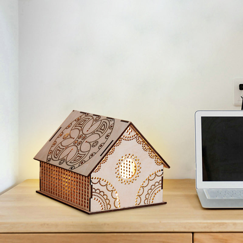 Kids cottage mini nachtlamp houten slaapkamer led nachtkastje licht in bruin met gebeeldhouwde bloem/ster/liefdevol hartontwerp