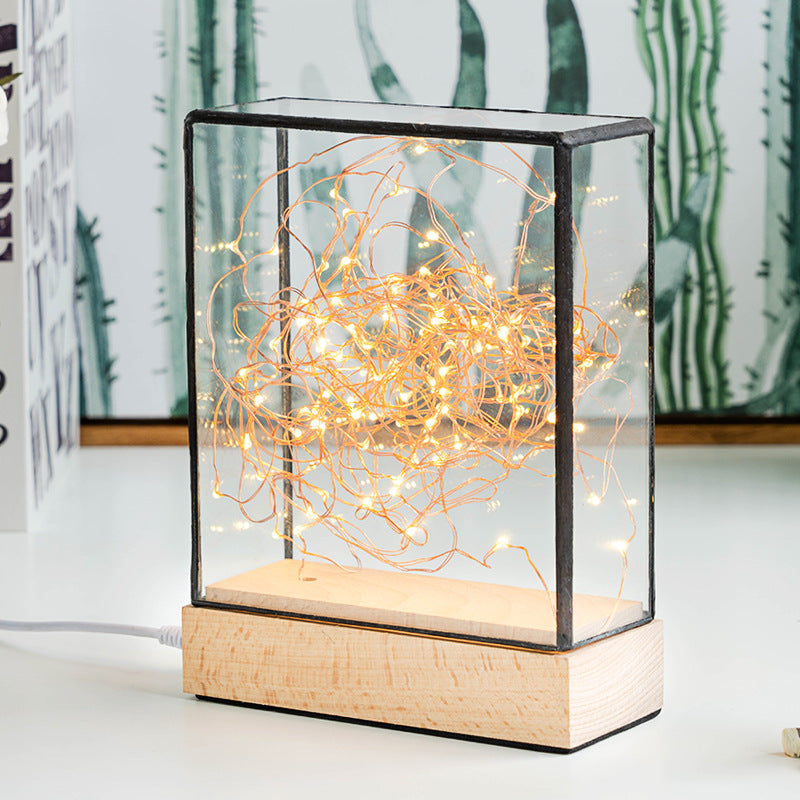 Enfants en verre transparent carré clair de nuit USB Éclairage de table à LED chargeur chargement en bois avec ours rose intérieur et ficelle