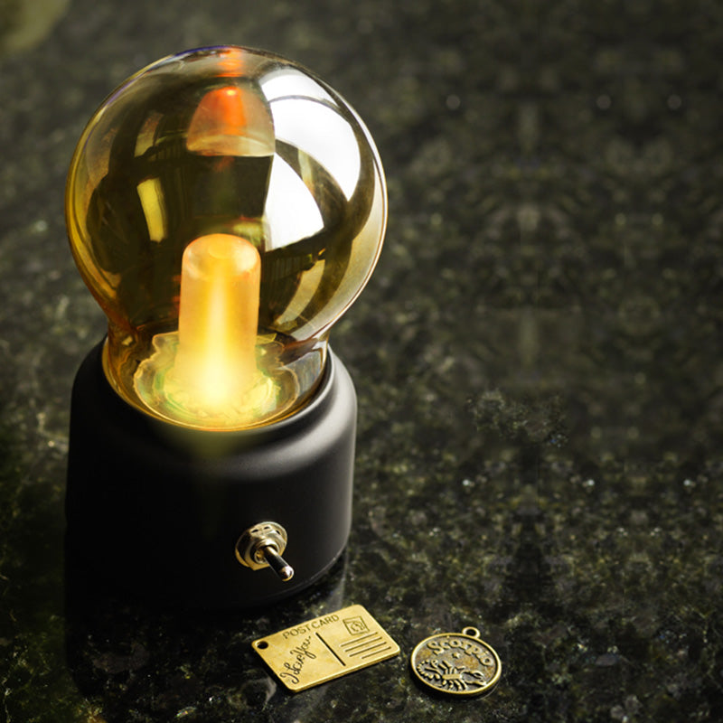 Creative Bulb Shade Amber Glass Night Table Lamp LED Nightstand Light with Black/Gold Base