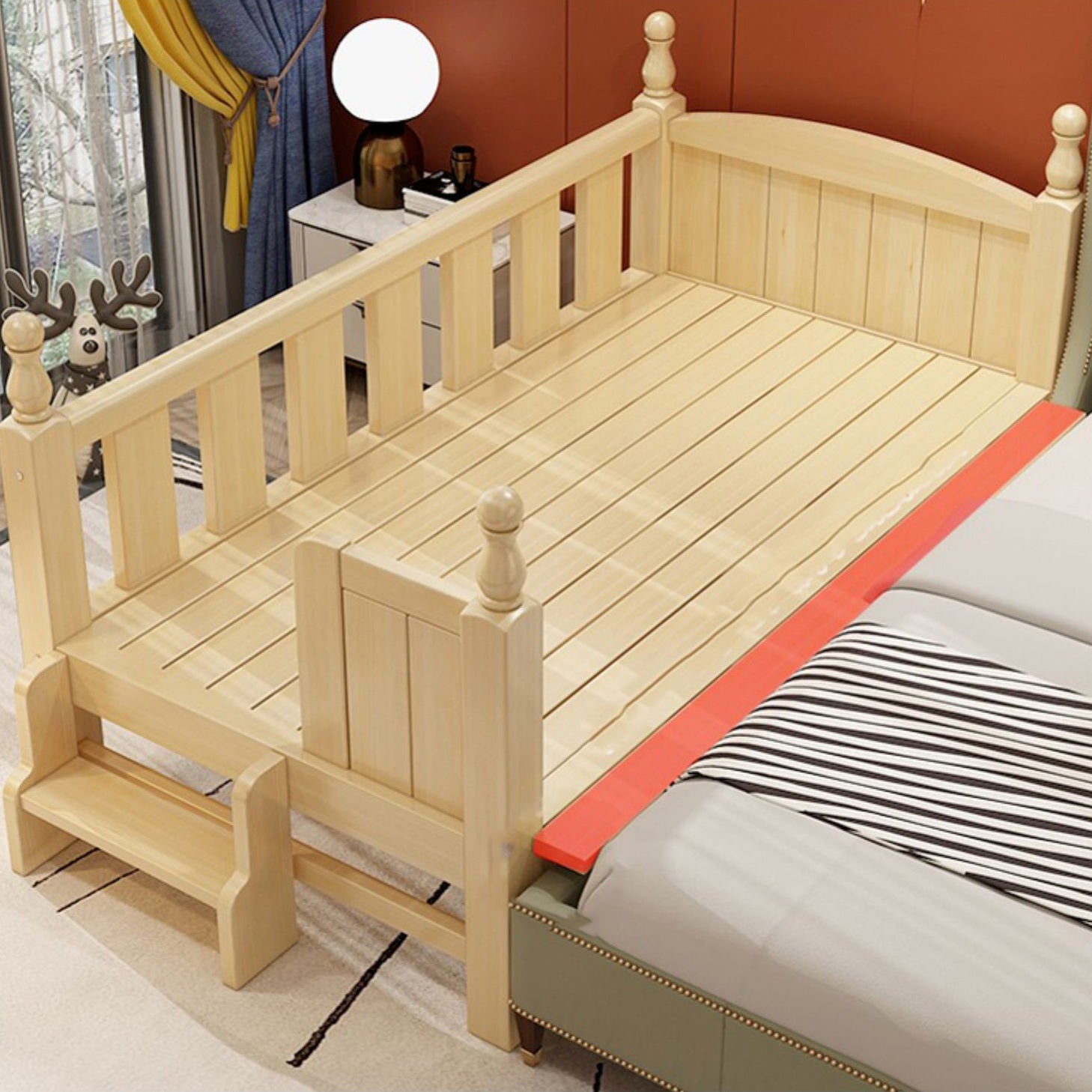 Contemporary Washed Natural Nursery Bed Solid Wood with Guardrail