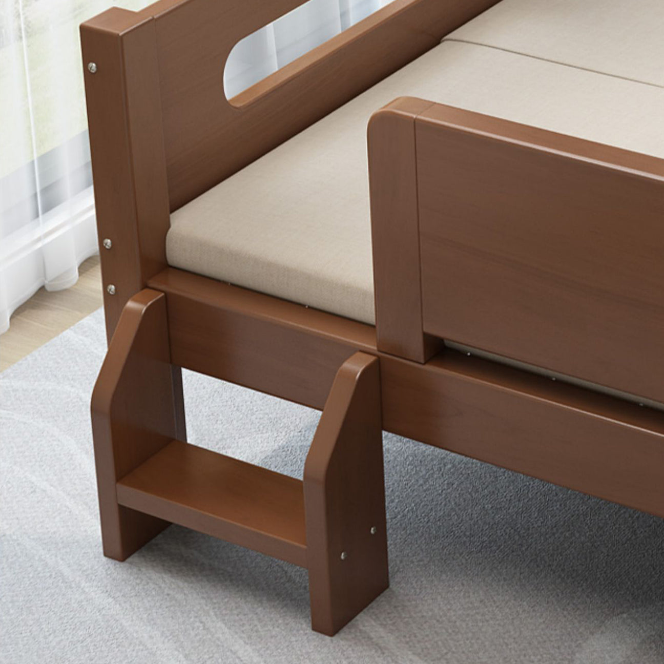 Glam Style Solid Wood Nursery Bed in Brown with Mattress and Guardrail