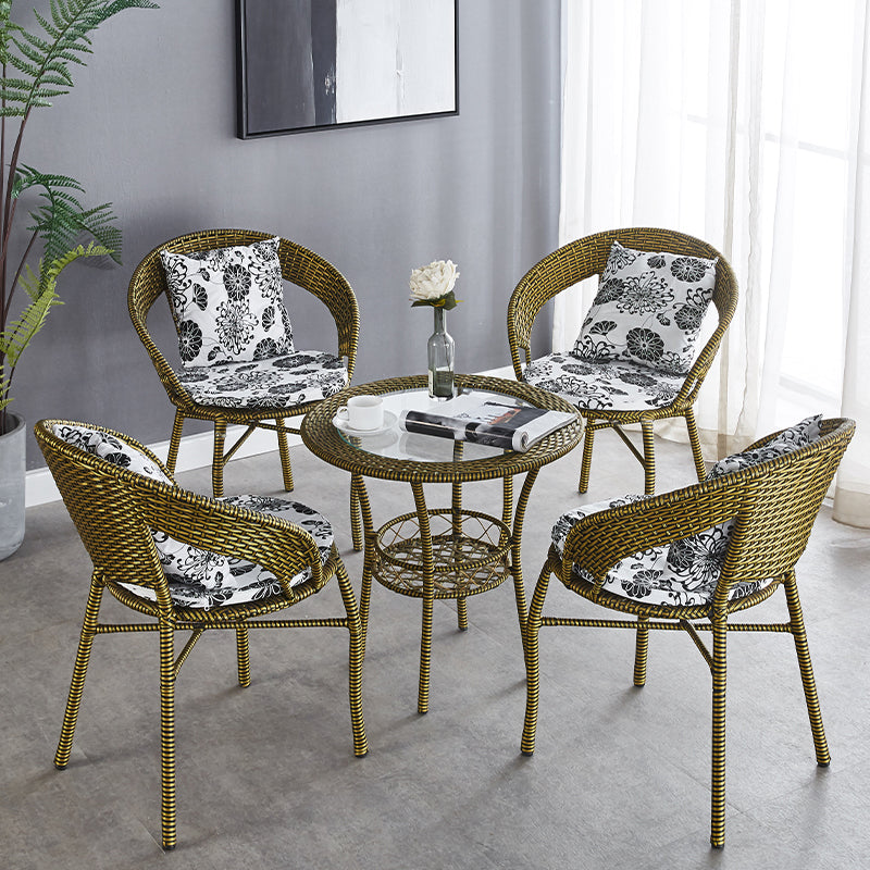 Glass Dining Table Set with Armless Rattan Chair for Courtyard