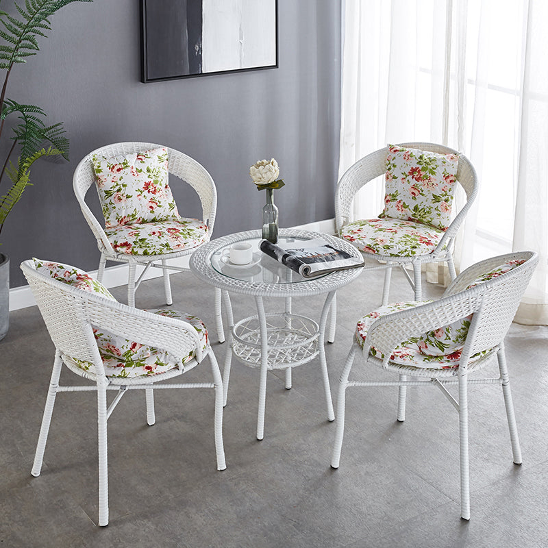 Glass Dining Table Set with Armless Rattan Chair for Courtyard