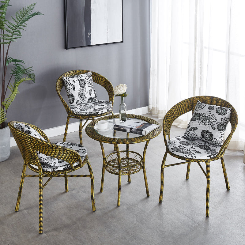 Glass Dining Table Set with Armless Rattan Chair for Courtyard