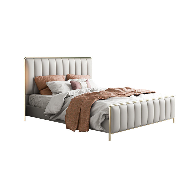 Glam Standard Bed Upholstered Headboard Solid Wood Beige Panel Bed