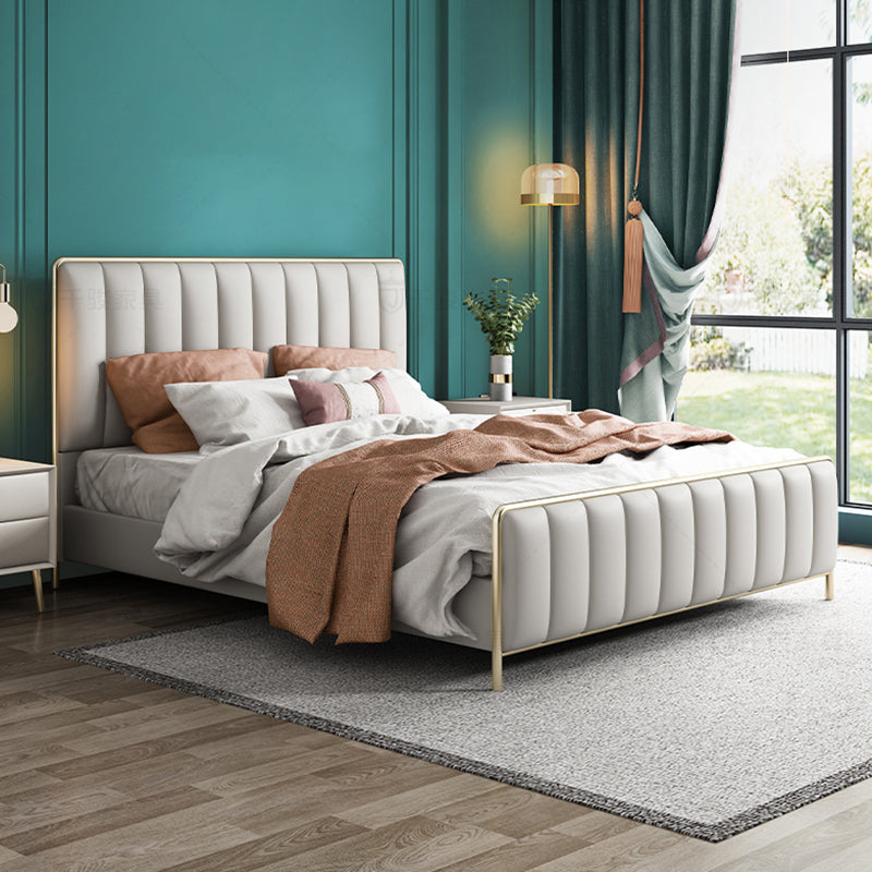 Glam Standard Bed Upholstered Headboard Solid Wood Beige Panel Bed