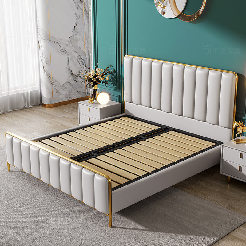 Glam Standard Bed Upholstered Headboard Solid Wood Beige Panel Bed