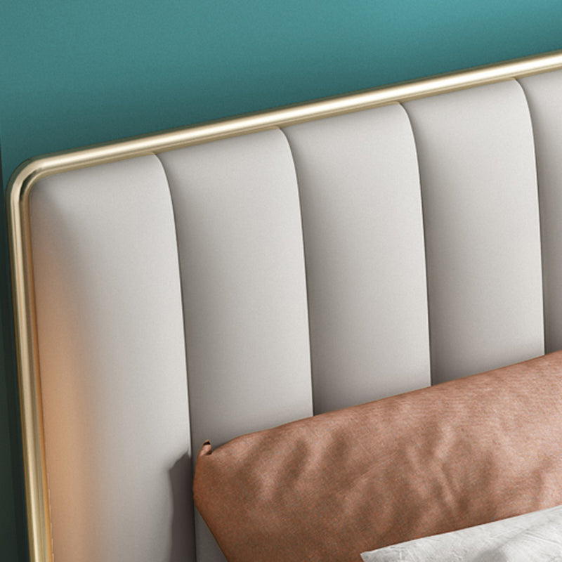 Glam Standard Bed Upholstered Headboard Solid Wood Beige Panel Bed