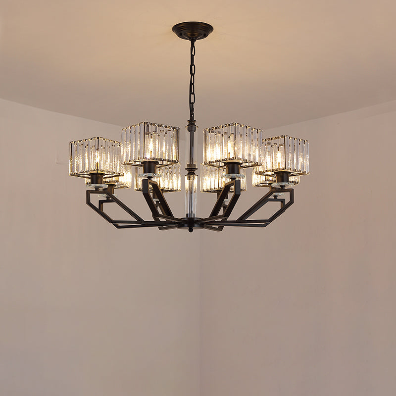 6 Lights Chandelier Light Fixture Modern Cuboid Crystal Block Ceiling Pendant Lamp in Black/Gold