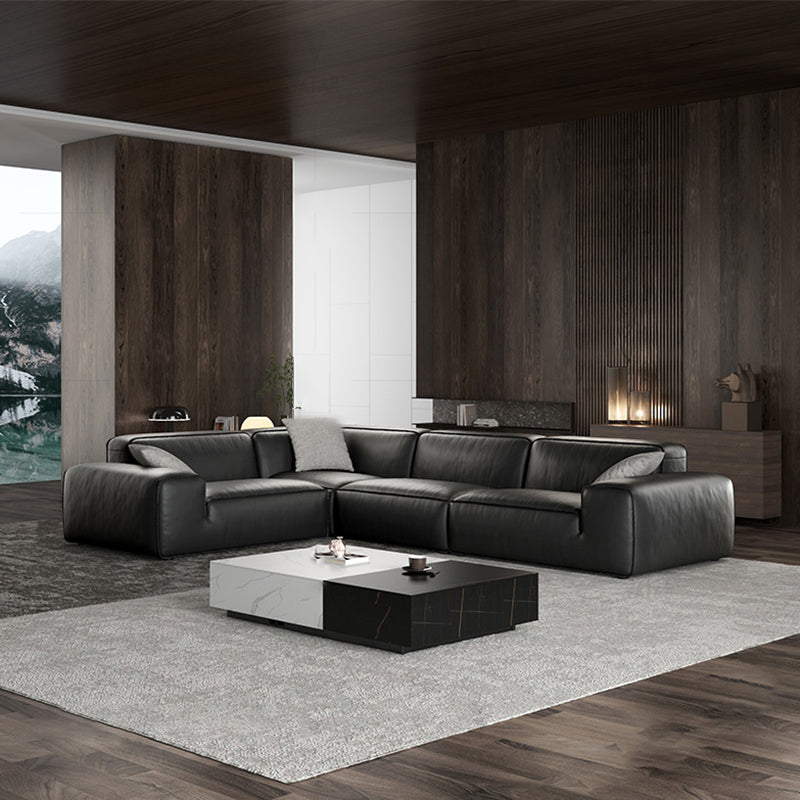 Black Genuine Leather Sectionals 30.7" H Square Arm Sectional Sofa Set