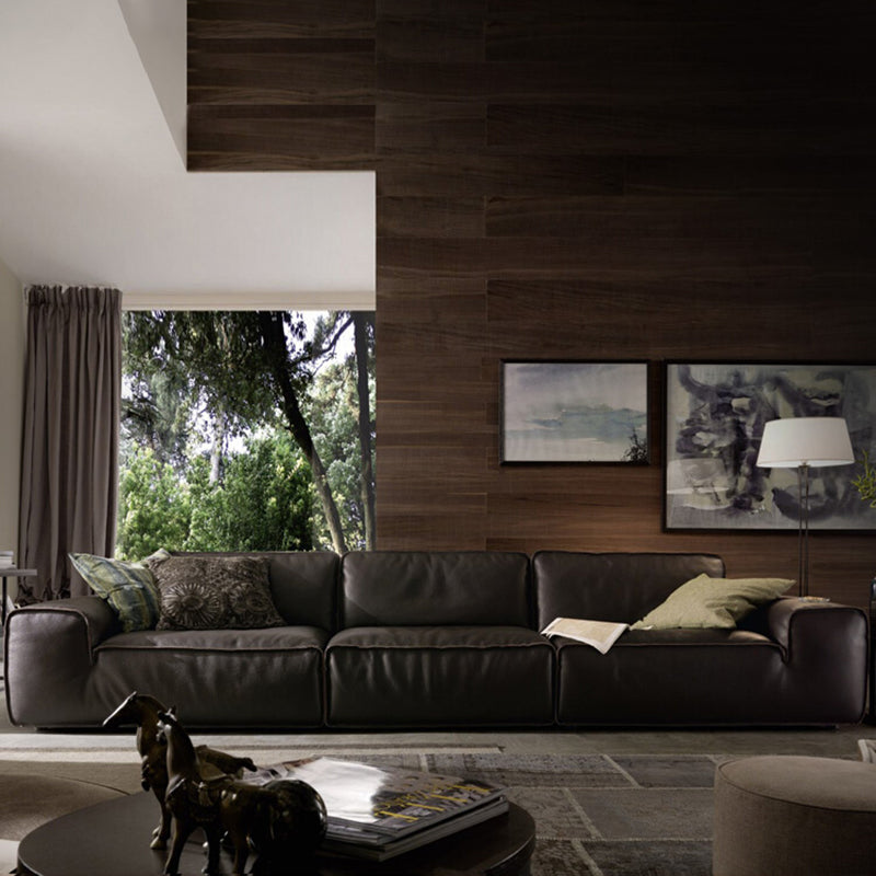 Black Genuine Leather Sectionals 30.7" H Square Arm Sectional Sofa Set