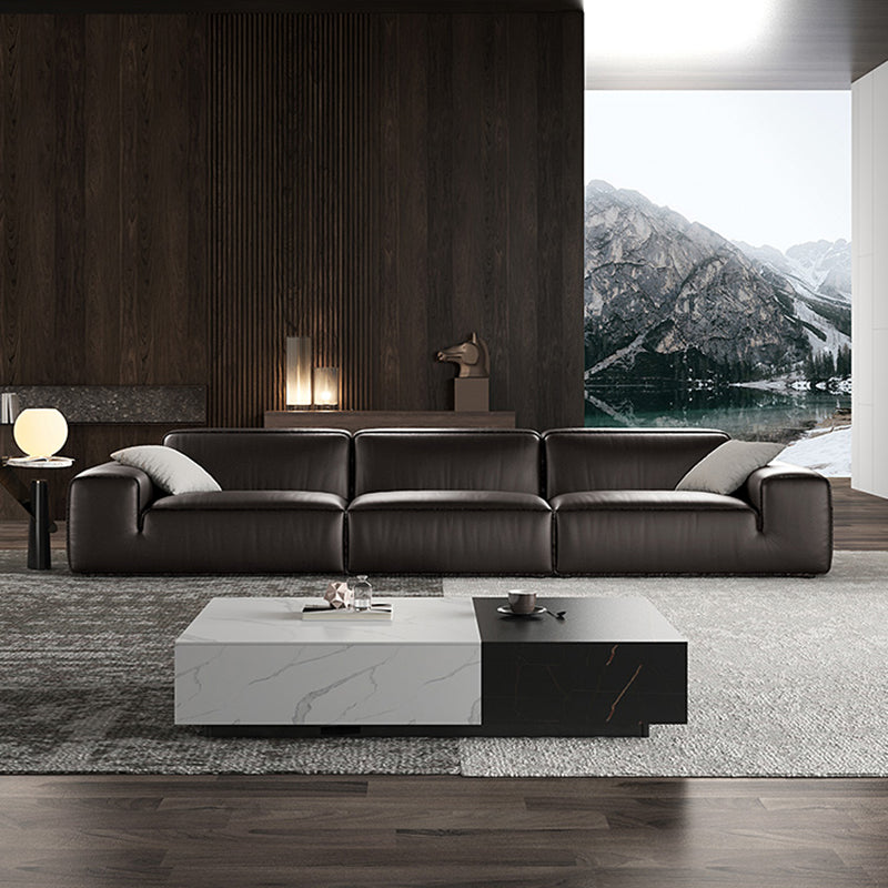 Black Genuine Leather Sectionals 30.7" H Square Arm Sectional Sofa Set