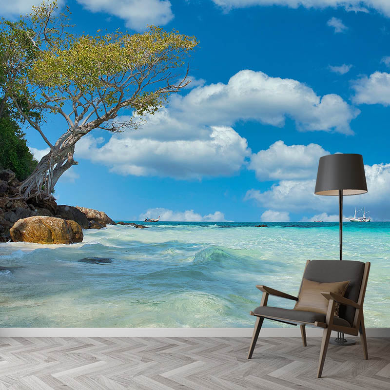 Sea Bench Photography Wall Mural Living Room Tropical Peel and Stick Mildew Resistant
