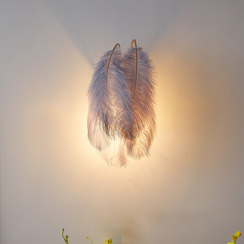Furry Goose Feather Wall Lamp Modernist Single-Bulb Grey/White Sconce Light Fixture for Living Room