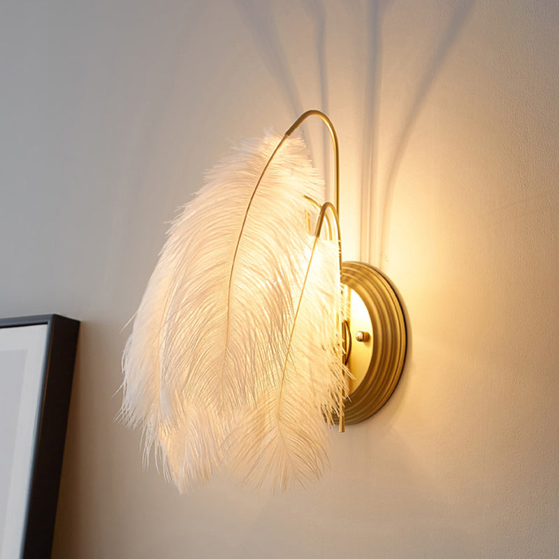 Furry Goose Feather Wall Lamp Modernist Single-Bulb Grey/White Sconce Light Fixture for Living Room