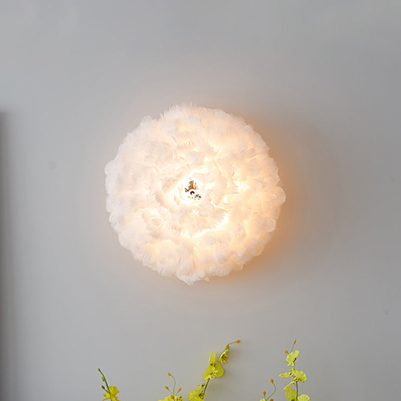 Blooming Natural Feather Wall Light Modern Stylish 1 Head Grey/White Sconce Lighting for Sitting Room