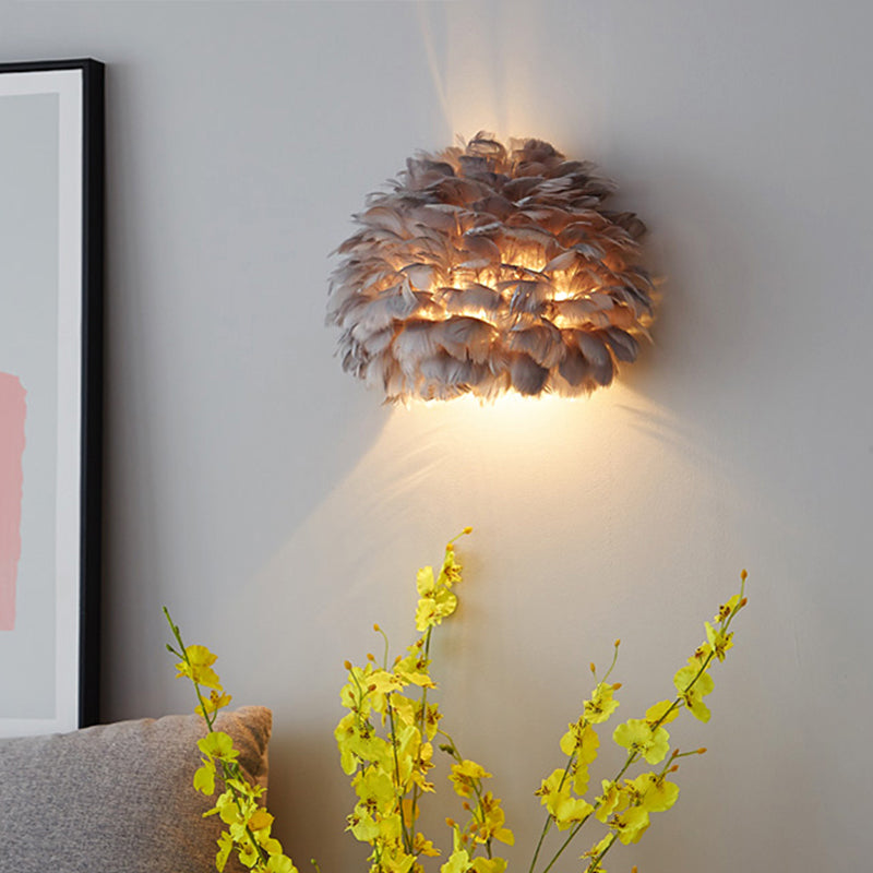Designer Half Globe Wall Lighting 1 Bulb Feather Sitting Room Flush Mount Wall Sconce in White/Grey