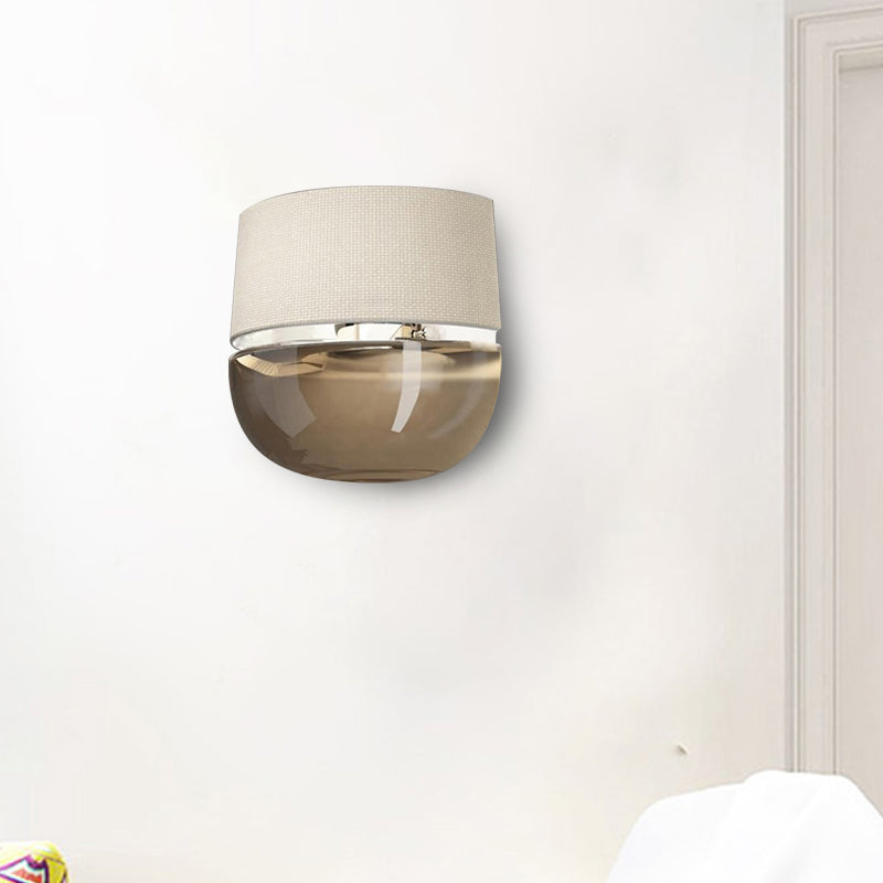 Modern Arched Wall Sconce Grid Pattern Fabric 1-Light Bedside Wall Mount Fixture in White with Bowl Tan Glass Bottom