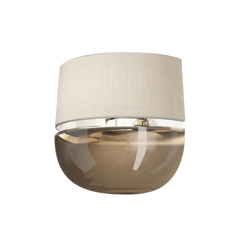 Modern Arched Wall Sconce Grid Pattern Fabric 1-Light Bedside Wall Mount Fixture in White with Bowl Tan Glass Bottom