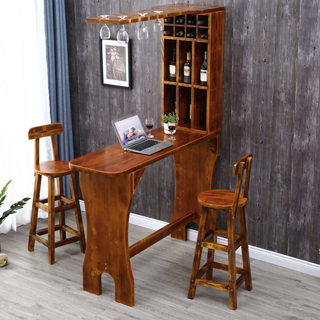 Brown Pine Wood Bistro Table with Wine Holder Pub Table for Bar