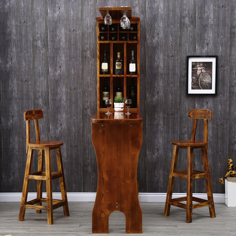 Brown Pine Wood Bistro Table with Wine Holder Pub Table for Bar