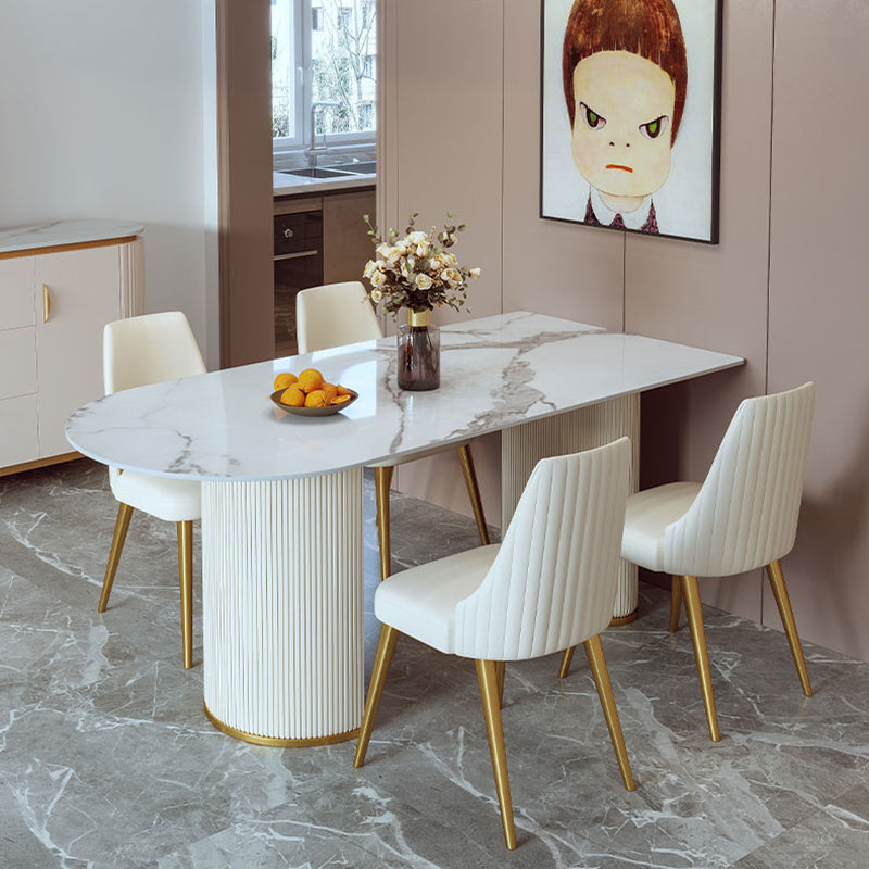 Minimalist Free Form Dining Table Set with 4 White Leather Dining Chairs