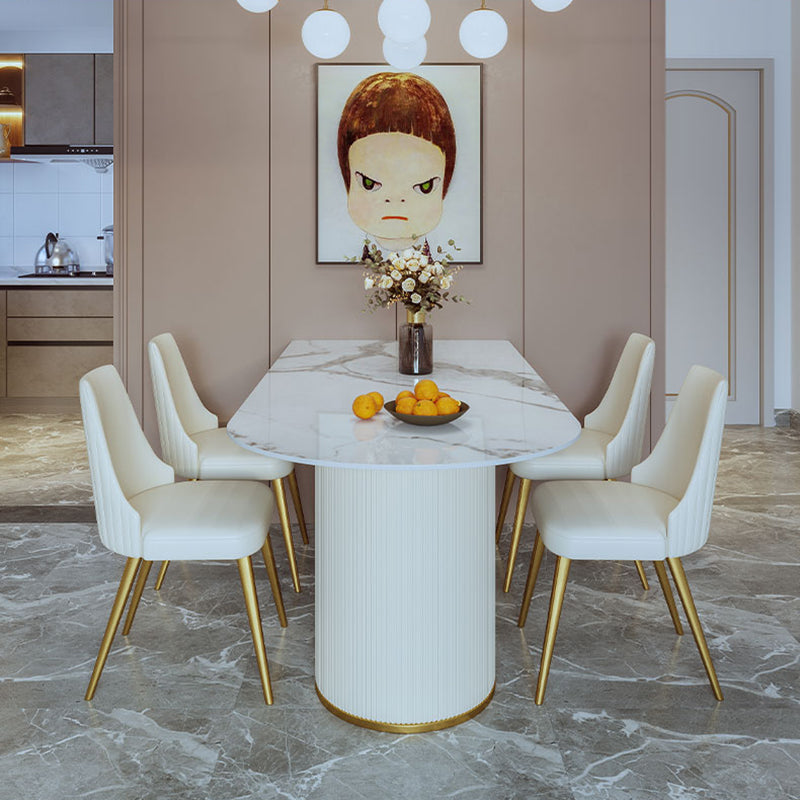 Minimalist Free Form Dining Table Set with 4 White Leather Dining Chairs