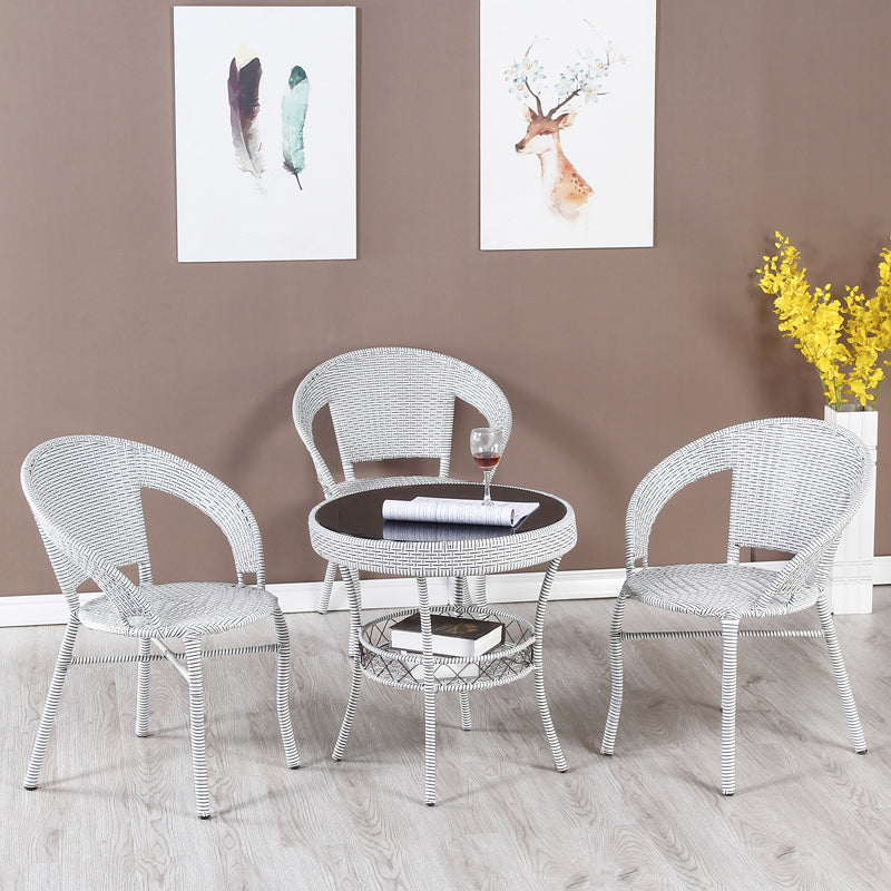 Rattan Dining Table Set Glass Top Round Shape Table for Courtyard