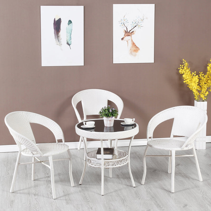 Rattan Dining Table Set Glass Top Round Shape Table for Courtyard