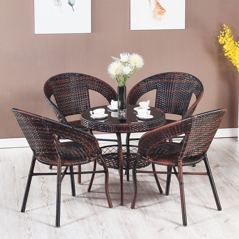 Rattan Dining Table Set Glass Top Round Shape Table for Courtyard