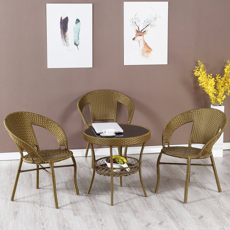 Rattan Dining Table Set Glass Top Round Shape Table for Courtyard