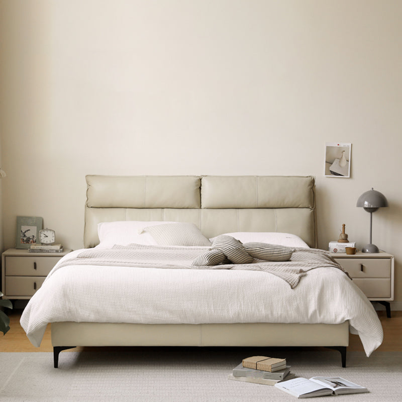Leather Standard Bed Contemporary Wood Frame Bed with Upholstered Headboard