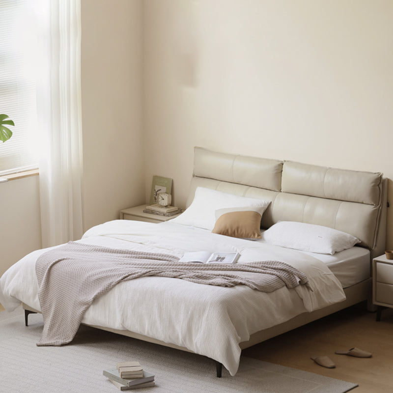 Leather Standard Bed Contemporary Wood Frame Bed with Upholstered Headboard