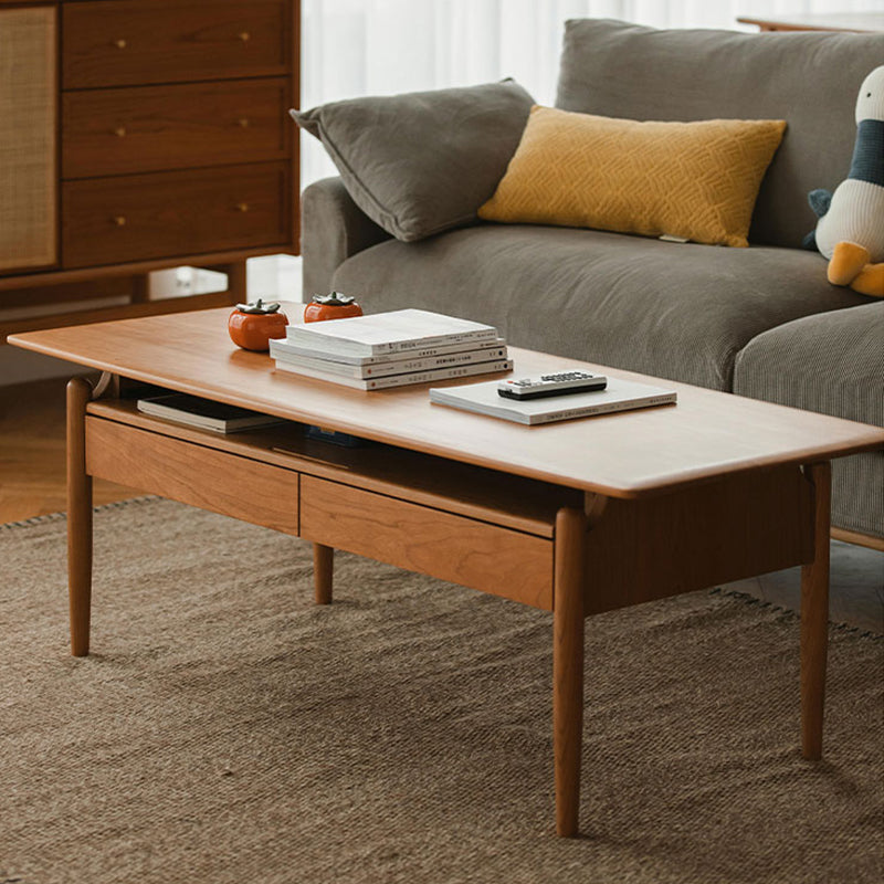 Farmhouse 4 Legs Coffee Table Solid Wood Cocktail Table with 2 Storage Drawers