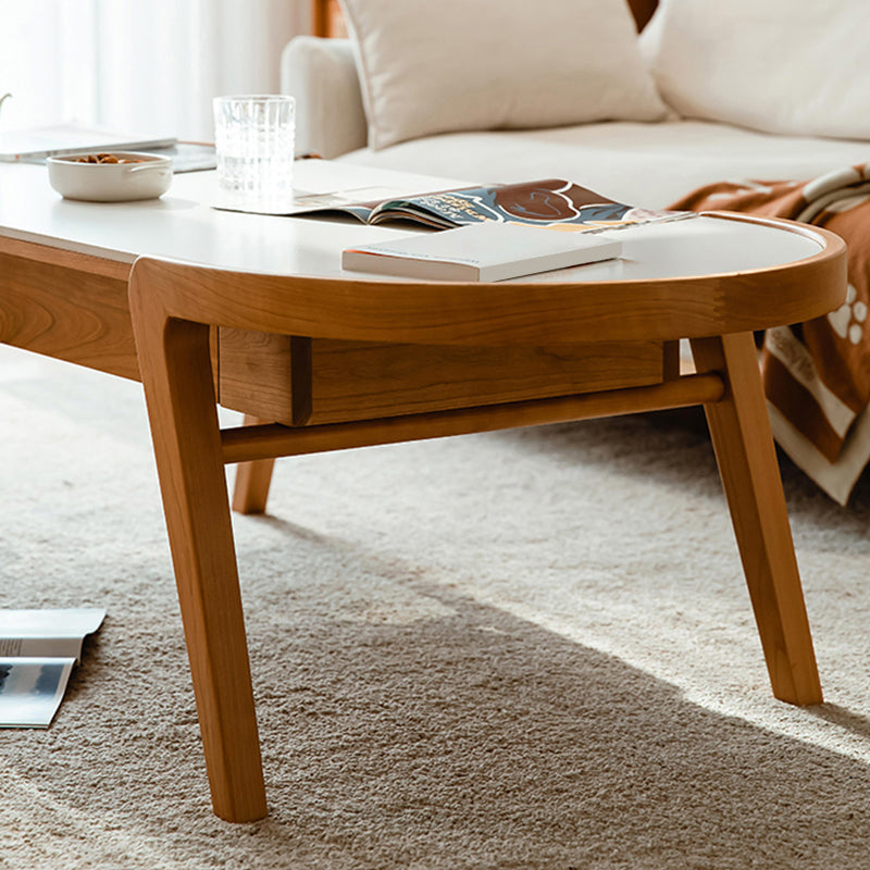 Farmhouse Wooden Coffee Table Elliptical 4 Legs Cocktail Table