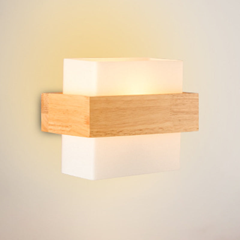 Modern Wood Wall Sconce Rectangle Shape Wall Light with Glass Shade for Living Room