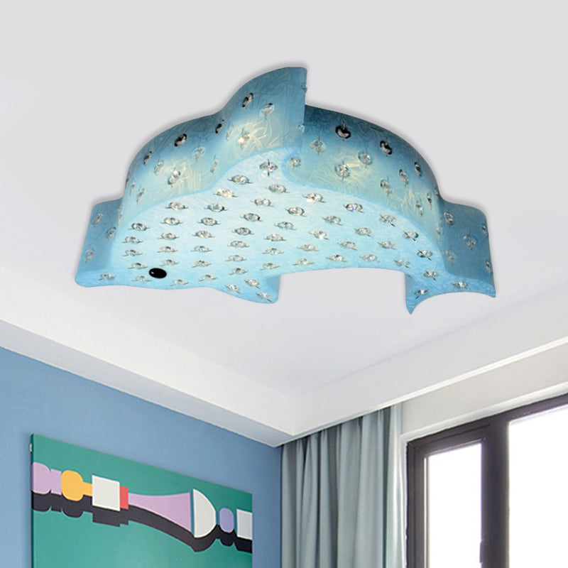Contemporary Fish Shaped Flush Mount Pendant Light Acrylic Bedroom LED Ceiling Mount with Crystal Decoration in Blue/Pink/White