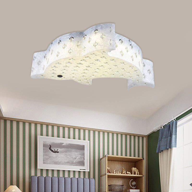 Contemporary Fish Shaped Flush Mount Pendant Light Acrylic Bedroom LED Ceiling Mount with Crystal Decoration in Blue/Pink/White