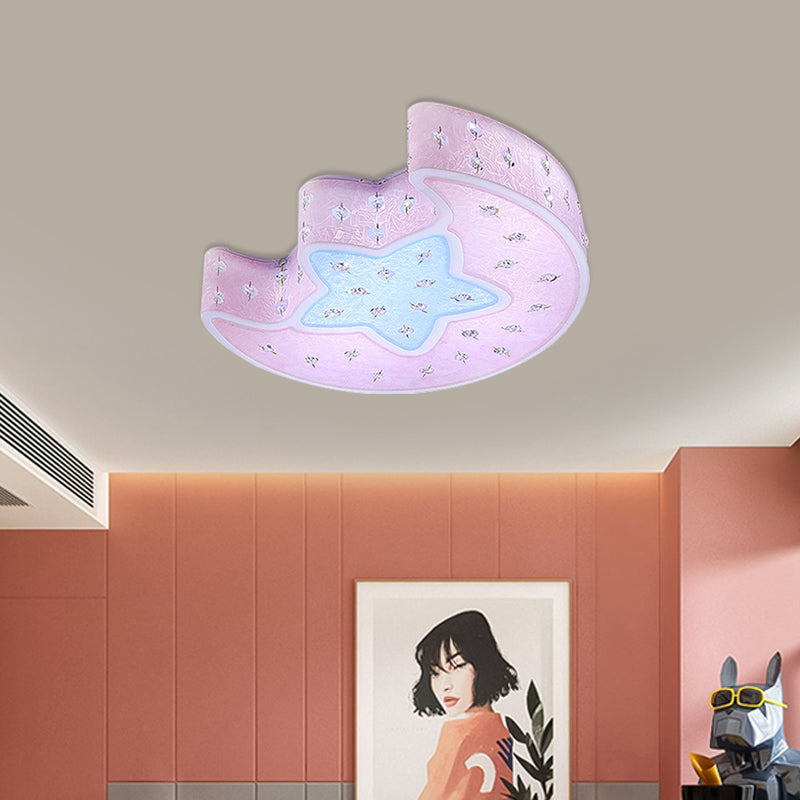 Moon and Star Flush Mount Pendant Fixture Modernist Acrylic Blue/Pink LED Ceiling Lighting with Crystal Deco for Bedroom