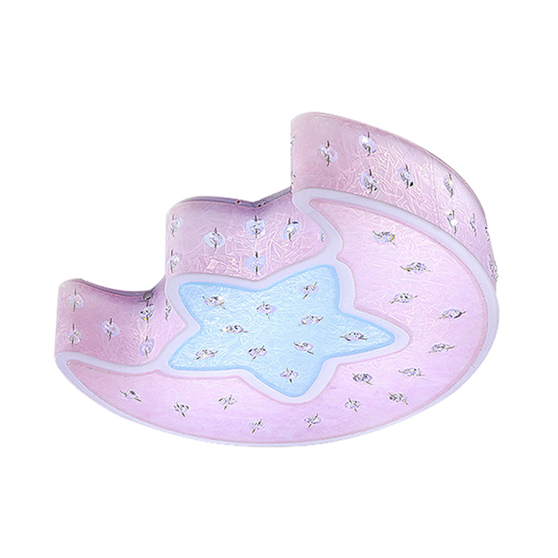 Moon and Star Flush Mount Pendant Fixture Modernist Acrylic Blue/Pink LED Ceiling Lighting with Crystal Deco for Bedroom