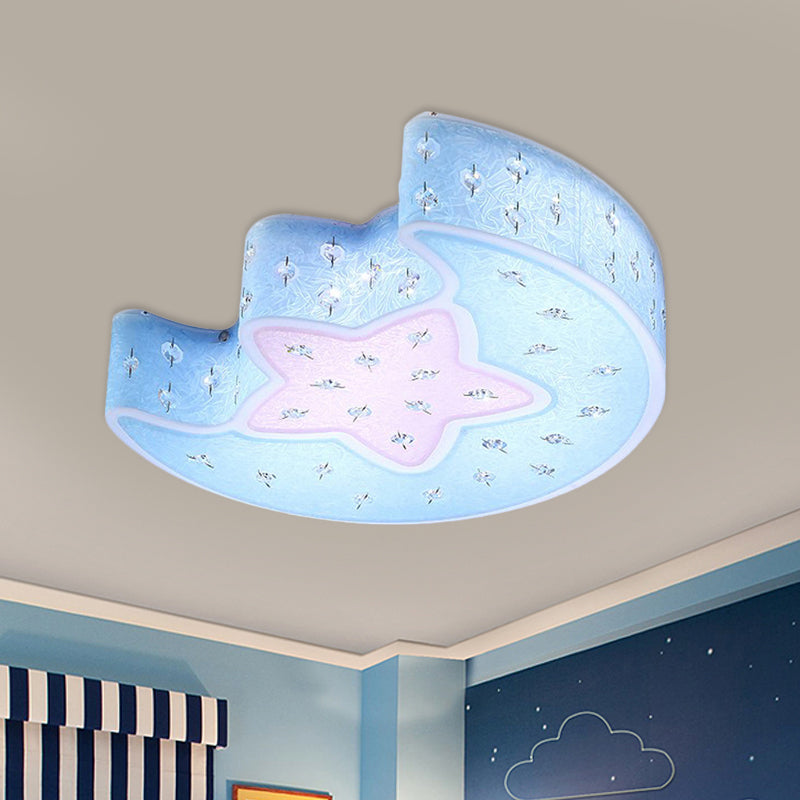 Moon and Star Flush Mount Pendant Fixture Modernist Acrylic Blue/Pink LED Ceiling Lighting with Crystal Deco for Bedroom