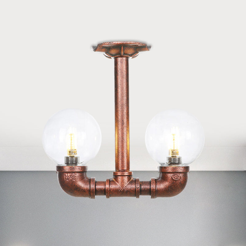 2 Heads Clear Glass Semi Flush Mount Industrial Copper Finish Orb Corridor Ceiling Flush
