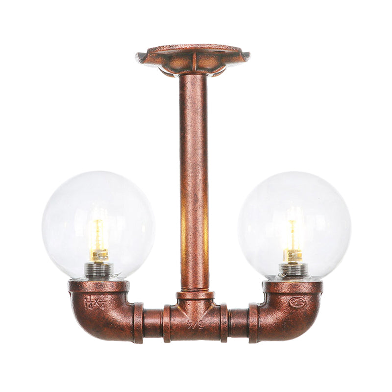 2 Heads Clear Glass Semi Flush Mount Industrial Copper Finish Orb Corridor Ceiling Flush