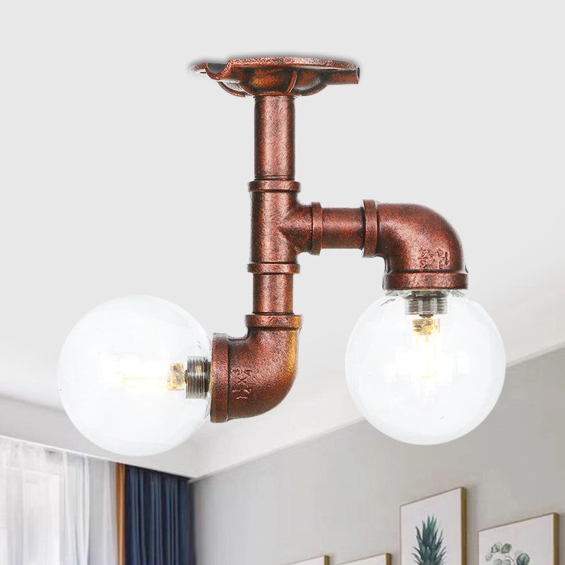 2 Heads Clear Glass Semi Flush Mount Industrial Copper Finish Orb Corridor Ceiling Flush