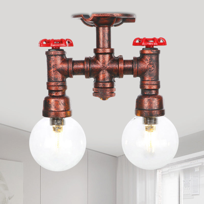 2 Heads Clear Glass Semi Flush Mount Industrial Copper Finish Orb Corridor Ceiling Flush
