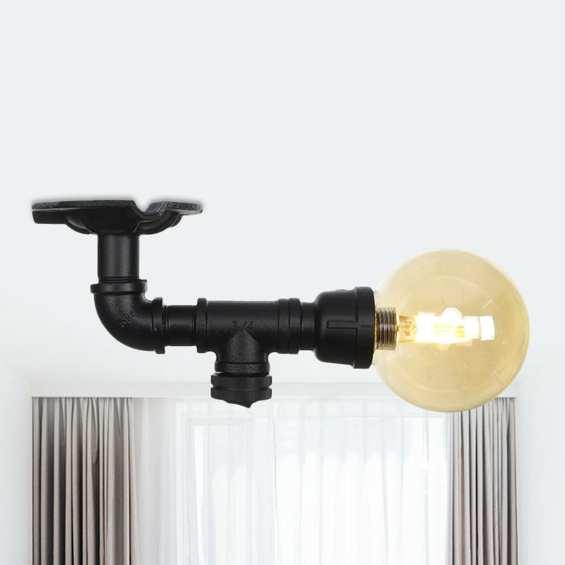 1-Light Ball Semi Flush Mount Light Vintage Black Finish Amber Glass Ceiling Lamp Fixture